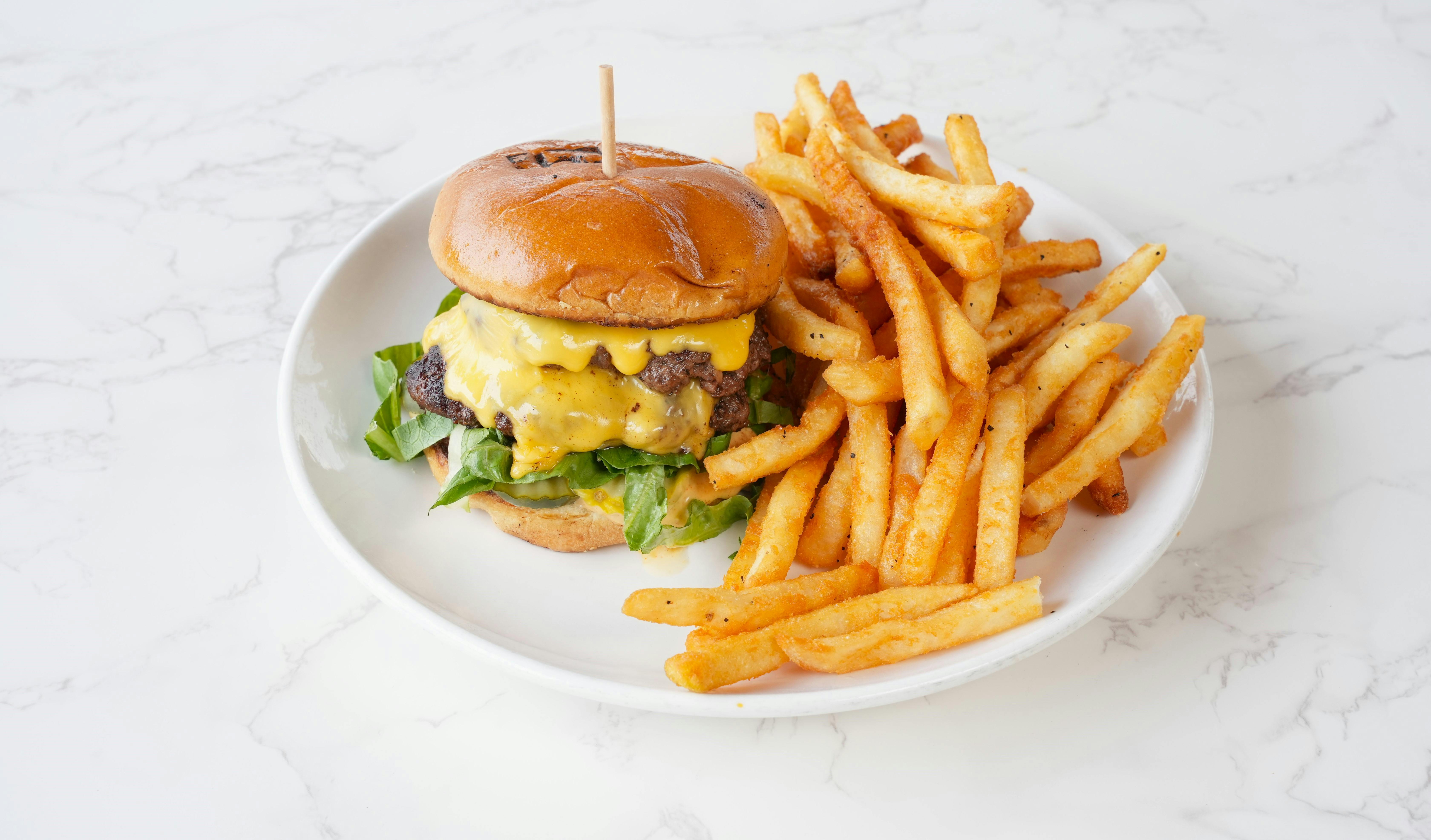 Cheeseburger and fries on a white plate